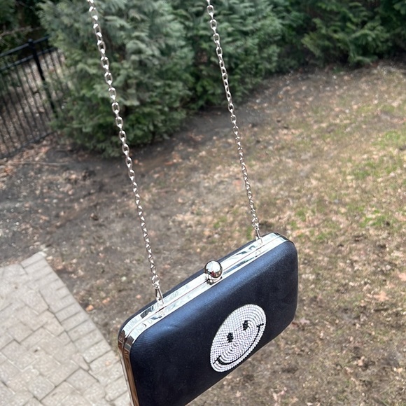 New without Tags, never worn black satin, smiley 😊 face handbag w/ chain. - Picture 7 of 11